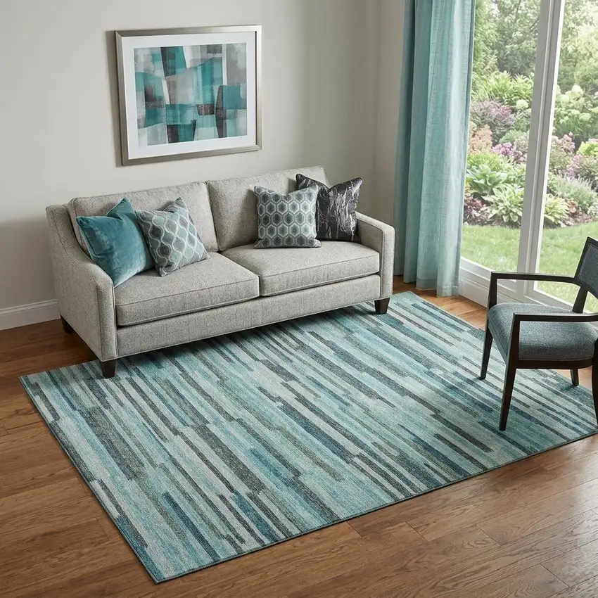 Turquoise Teal Blue And Gray Abstract Washable Area Rug With UV Protection Photo 1