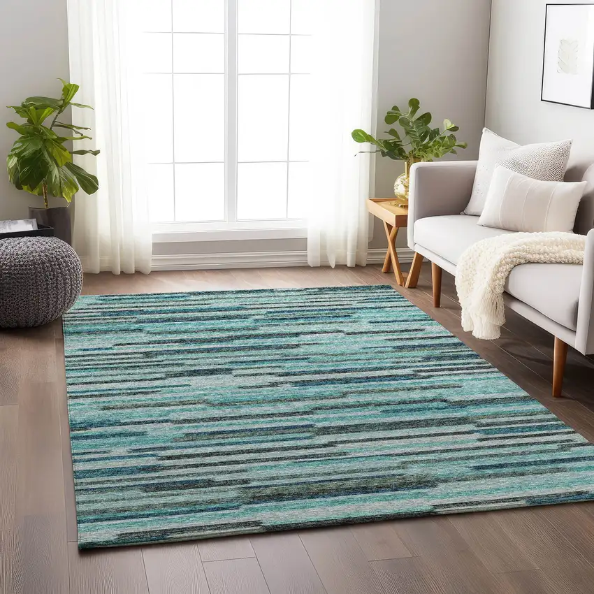 Turquoise Teal Blue And Gray Abstract Washable Area Rug With UV Protection Photo 4