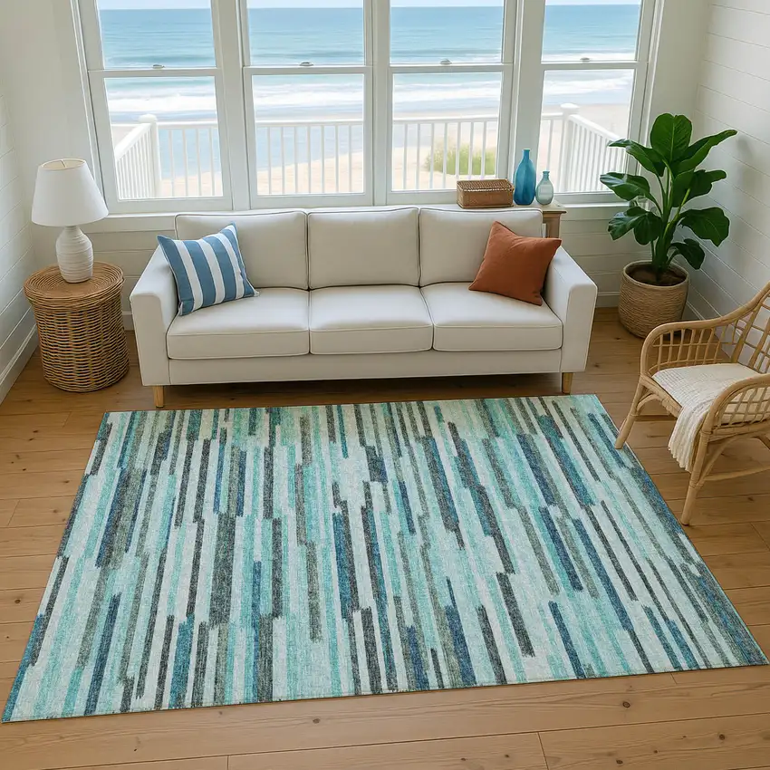 Turquoise Teal Blue And Gray Abstract Washable Area Rug With UV Protection Photo 5