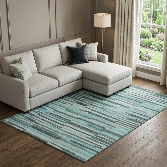 Turquoise Teal Blue And Gray Abstract Washable Area Rug With UV Protection Photo 1
