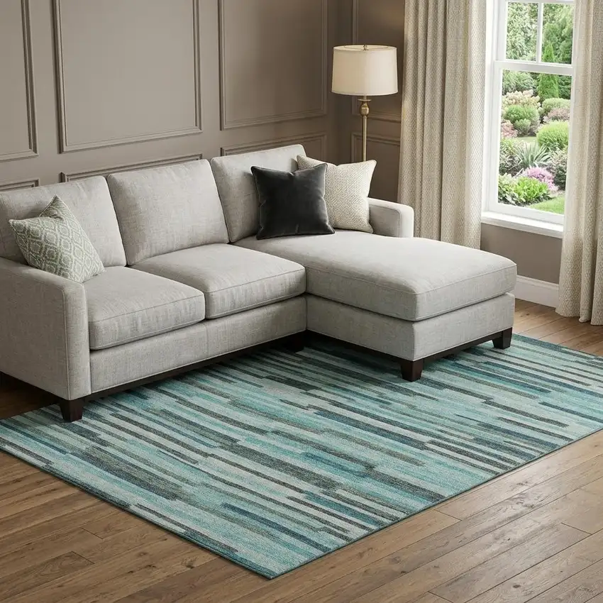 Turquoise Teal Blue And Gray Abstract Washable Area Rug With UV Protection Photo 1