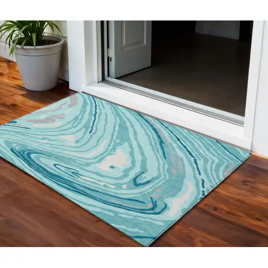 Turquoise Teal Blue And Gray Abstract Washable Indoor Outdoor Area Rug Photo 1