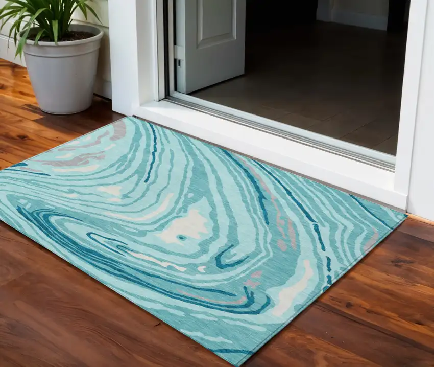 Turquoise Teal Blue And Gray Abstract Washable Indoor Outdoor Area Rug Photo 1