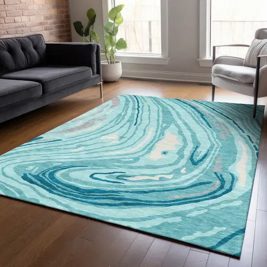 Turquoise Teal Blue And Gray Abstract Washable Indoor Outdoor Area Rug Photo 9