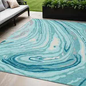 Photo of Turquoise Teal Blue And Gray Abstract Washable Indoor Outdoor Area Rug
