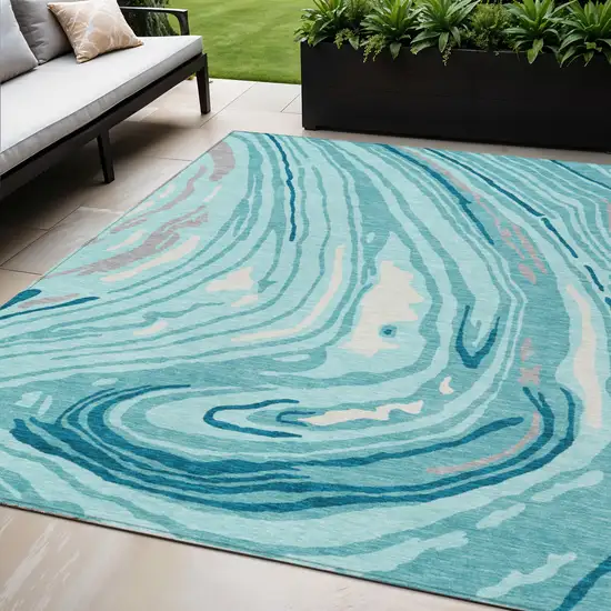 Turquoise Teal Blue And Gray Abstract Washable Indoor Outdoor Area Rug Photo 1