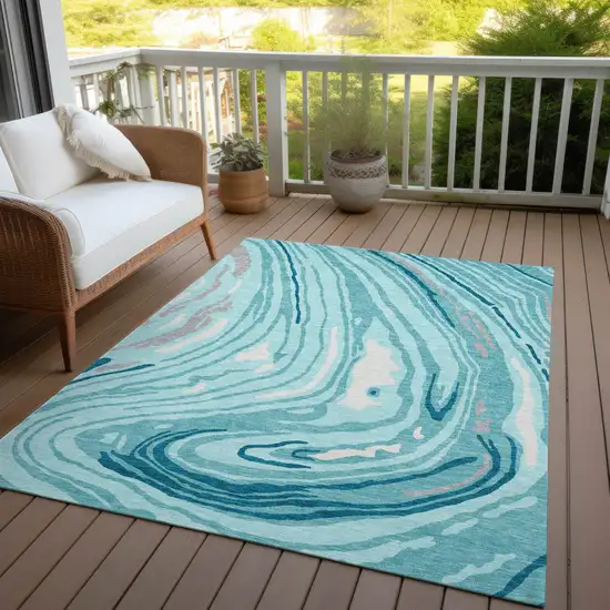Turquoise Teal Blue And Gray Abstract Washable Indoor Outdoor Area Rug Photo 7