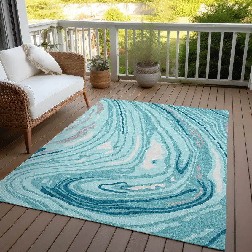 Turquoise Teal Blue And Gray Abstract Washable Indoor Outdoor Area Rug Photo 7
