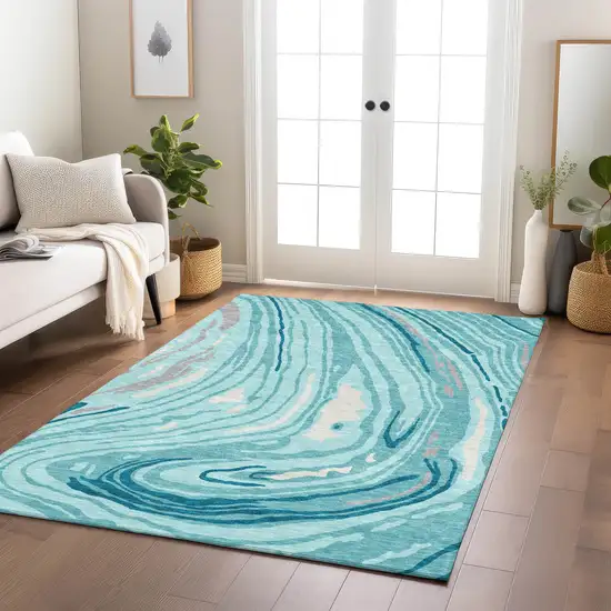 Turquoise Teal Blue And Gray Abstract Washable Indoor Outdoor Area Rug Photo 9