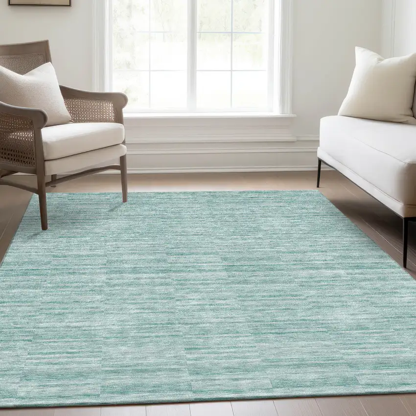 Turquoise Teal Blue And Gray Striped Washable Indoor Outdoor Area Rug Photo 8