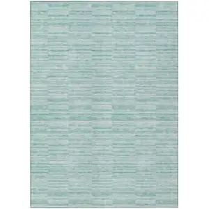 Photo of Turquoise Teal Blue And Gray Striped Washable Indoor Outdoor Area Rug