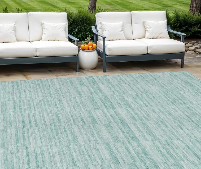 Turquoise Teal Blue And Gray Striped Washable Indoor Outdoor Area Rug Photo 1