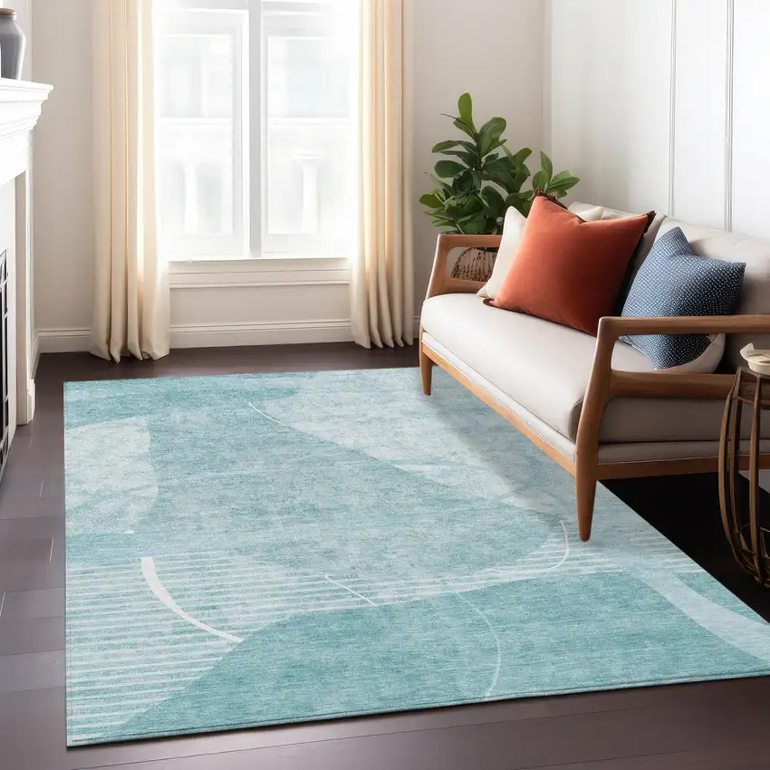 Turquoise Teal Blue And Ivory Abstract Washable Indoor Outdoor Area Rug Photo 9