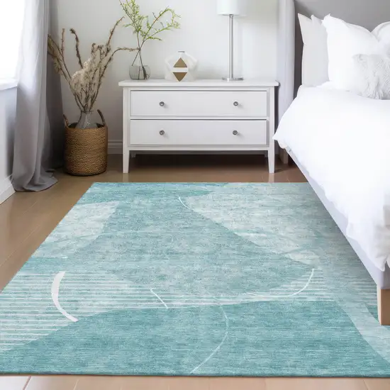 Turquoise Teal Blue And Ivory Abstract Washable Indoor Outdoor Area Rug Photo 9