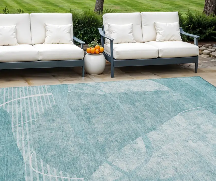 Turquoise Teal Blue And Ivory Abstract Washable Indoor Outdoor Area Rug Photo 1
