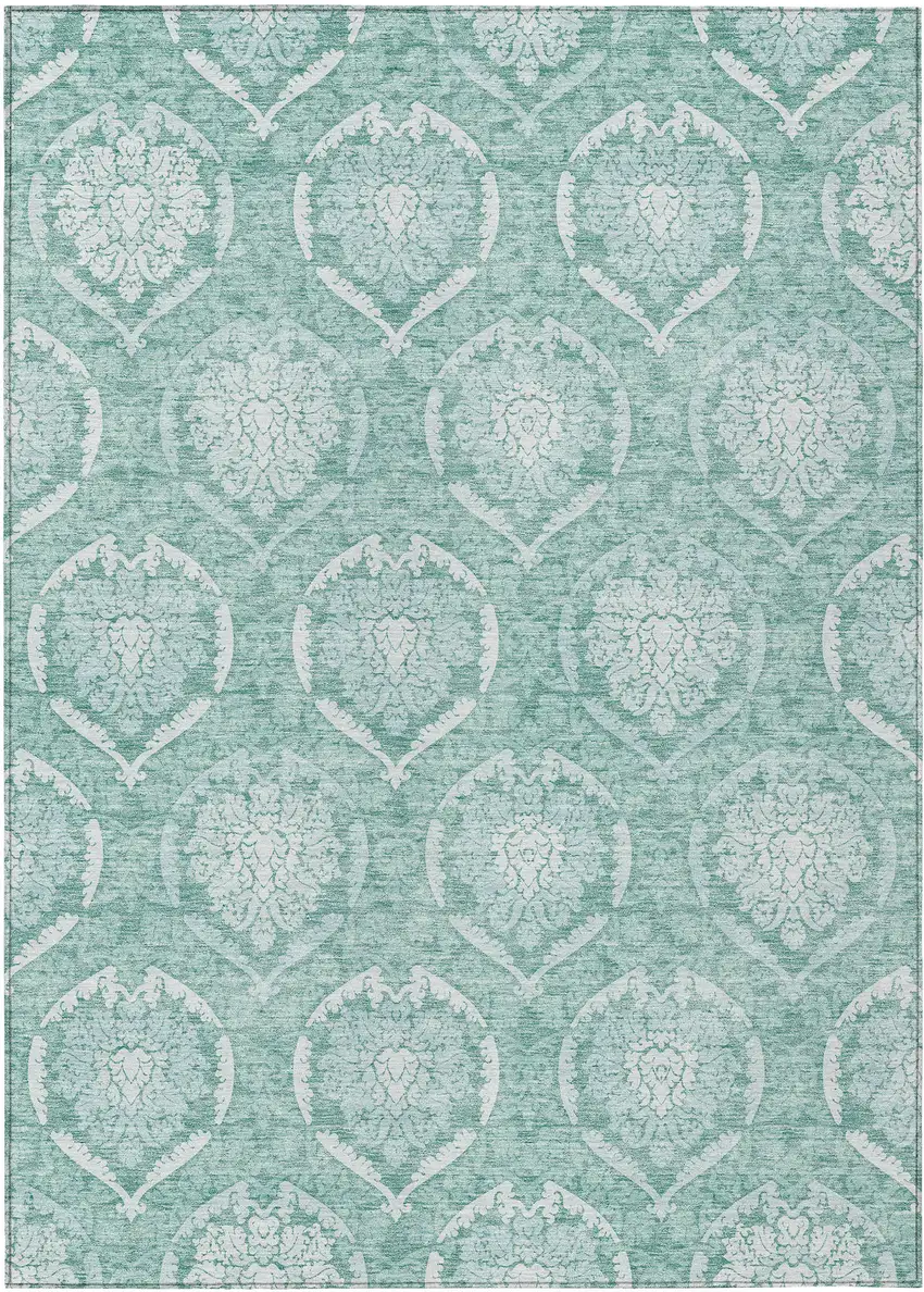 Turquoise Teal Blue And Ivory Medallion Washable Indoor Outdoor Area Rug Photo 2