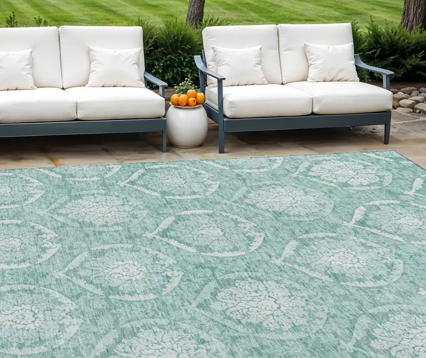 Turquoise Teal Blue And Ivory Medallion Washable Indoor Outdoor Area Rug Photo 1