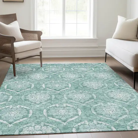 Turquoise Teal Blue And Ivory Medallion Washable Indoor Outdoor Area Rug Photo 9
