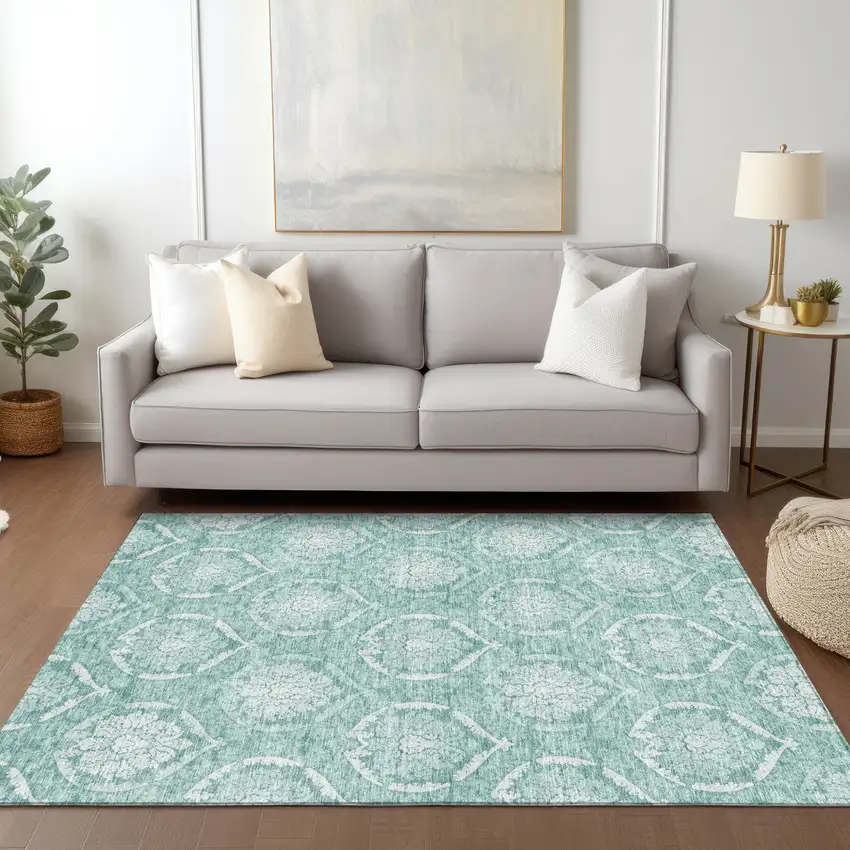 Turquoise Teal Blue And Ivory Medallion Washable Indoor Outdoor Area Rug Photo 9