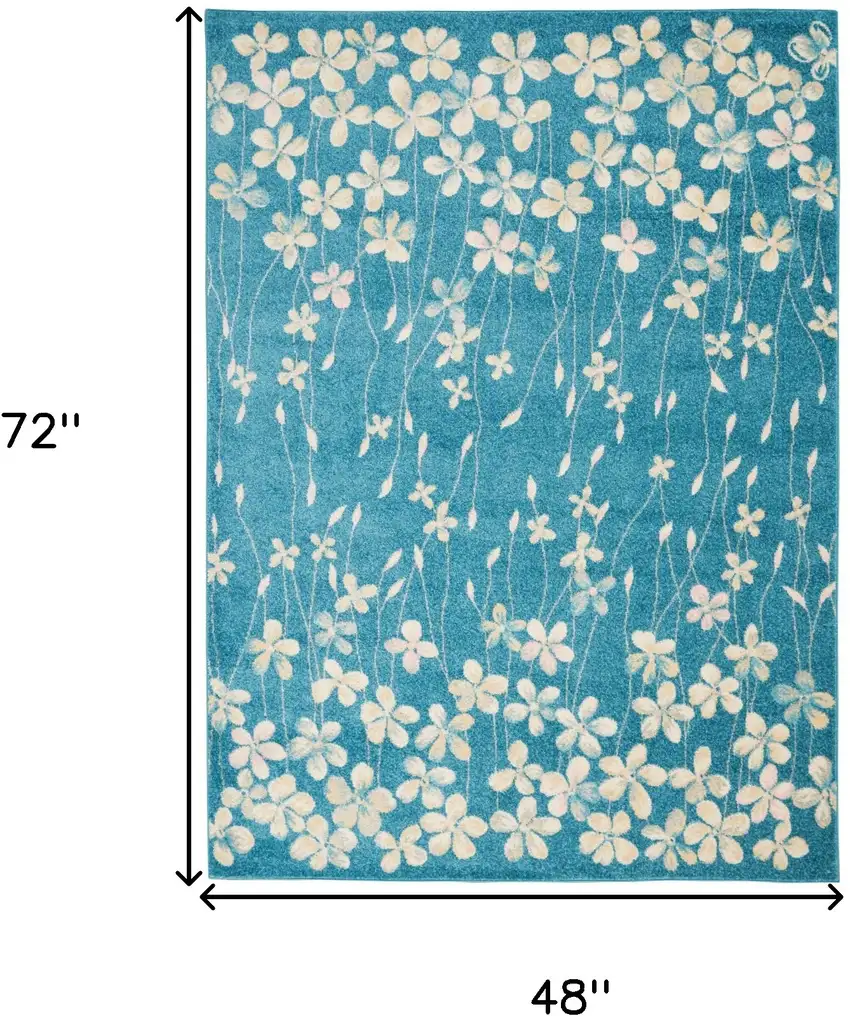 Turquoise and Cream Botanical Leaves Area Rug Photo 3
