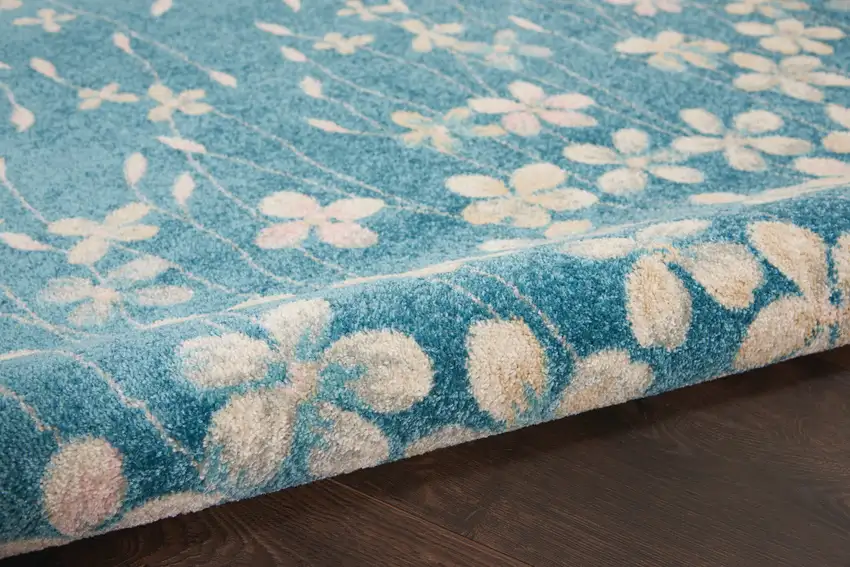 Turquoise and Cream Botanical Leaves Area Rug Photo 6