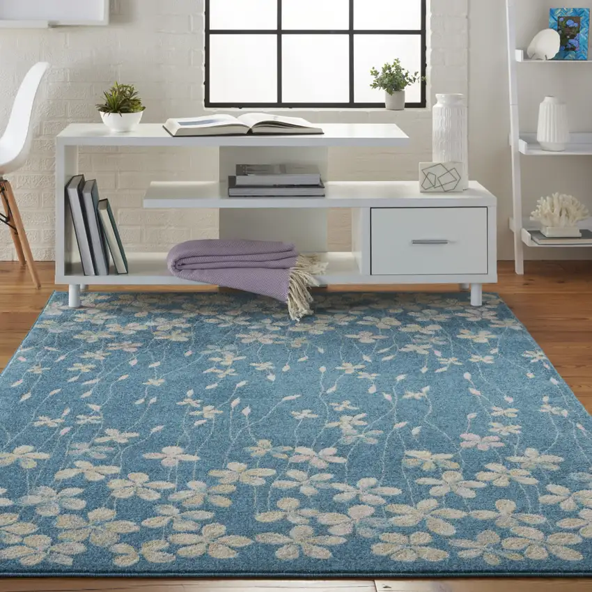 Turquoise and Cream Botanical Leaves Area Rug Photo 9
