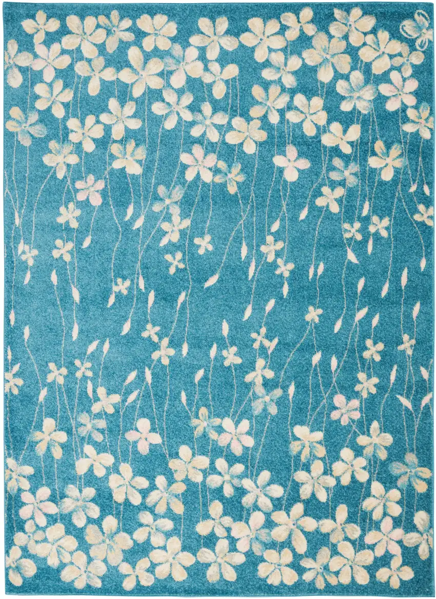 Turquoise and Cream Botanical Leaves Area Rug Photo 2