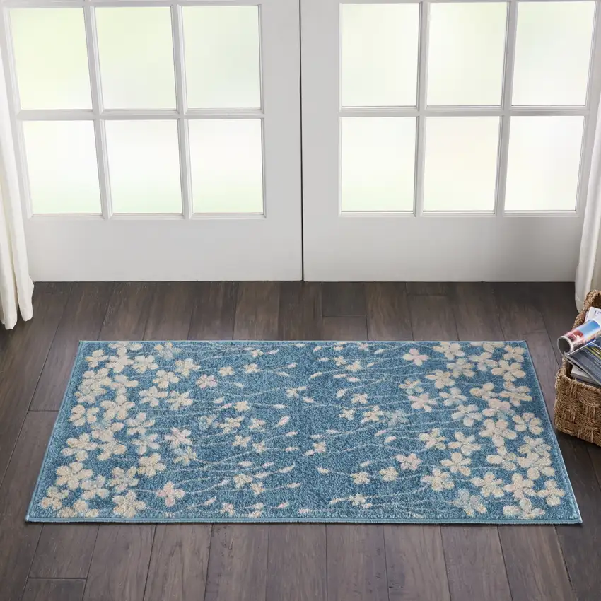 Turquoise and Cream Botanical Leaves Area Rug Photo 4