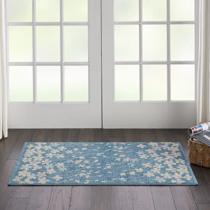 Turquoise and Cream Botanical Leaves Area Rug Photo 3