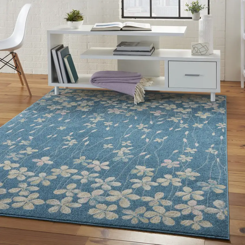 Turquoise and Cream Floral Area Rug Photo 4