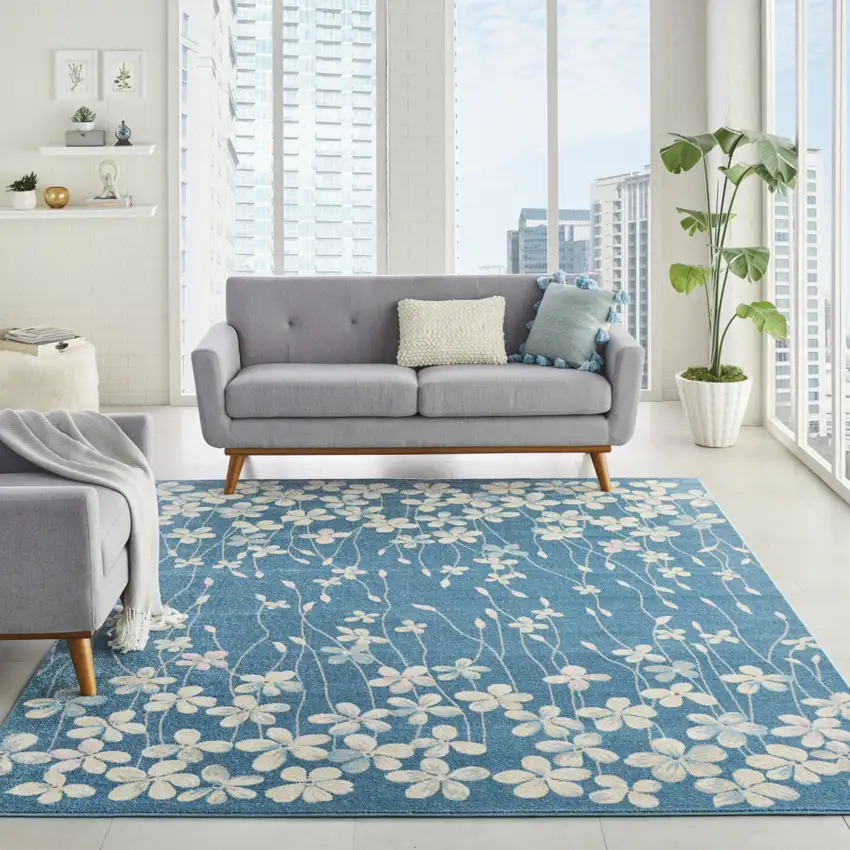 Turquoise and Cream Floral Area Rug Photo 3