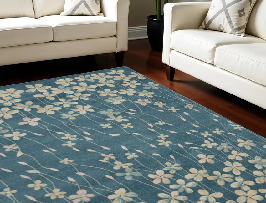 Turquoise and Cream Floral Area Rug Photo 1