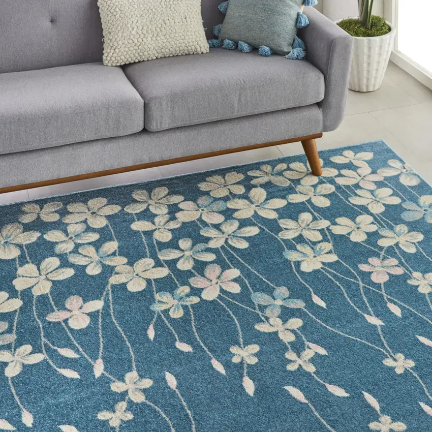 Turquoise and Cream Floral Area Rug Photo 4