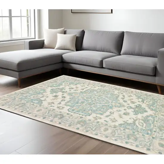 Turquoise and Cream Medallion Area Rug Photo 2