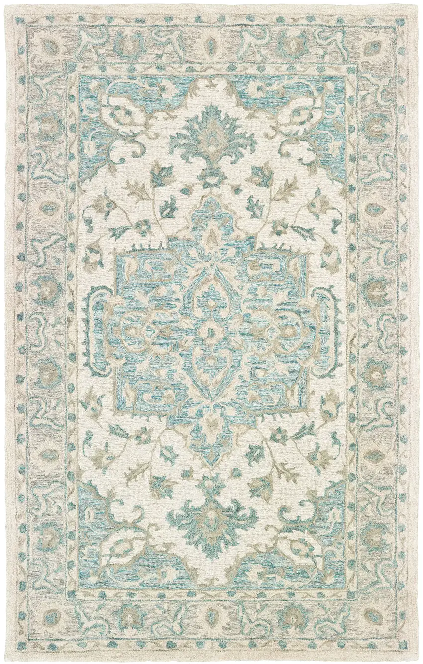 Turquoise and Cream Medallion Area Rug Photo 1