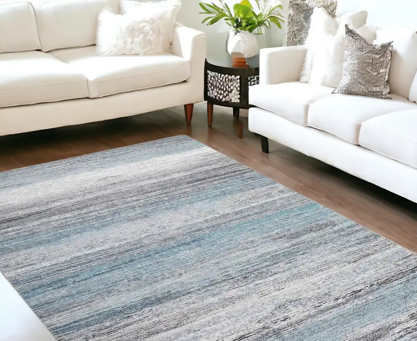 Turquoise and Gray Abstract Stain Resistant Area Rug Photo 2