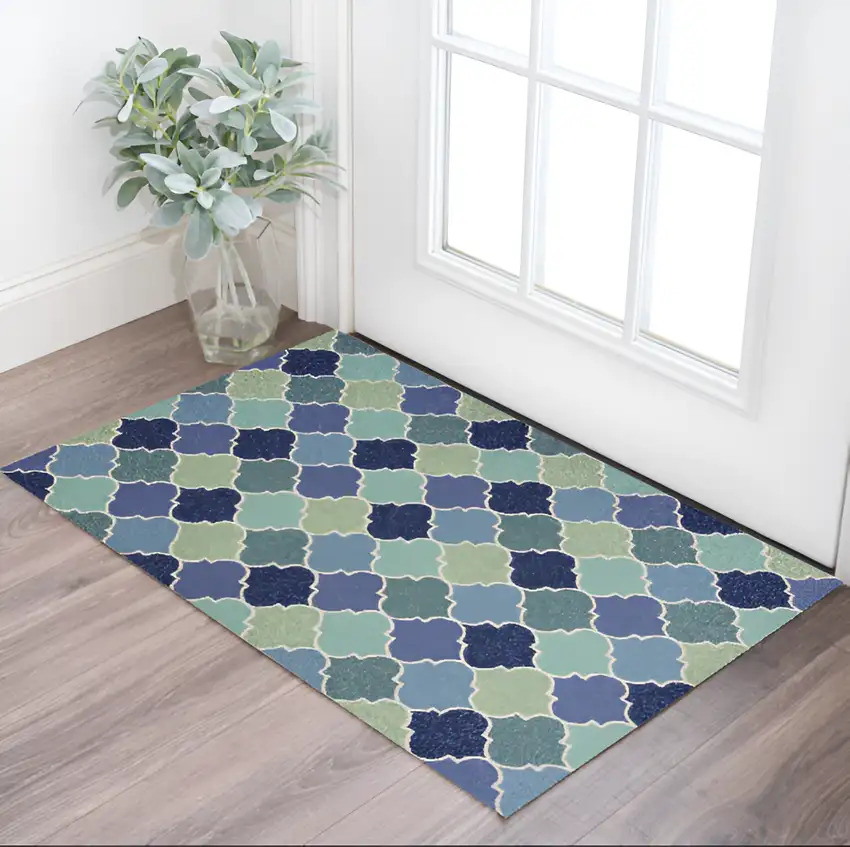 Blue Purple And Aqua Quatrefoil Hand Tufted Area Rug Photo 1