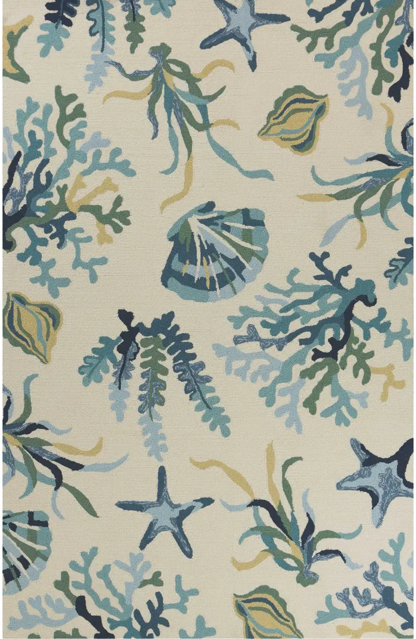Ivory and Blue Seashell and Coral Hand Tufted Area Rug Photo 2
