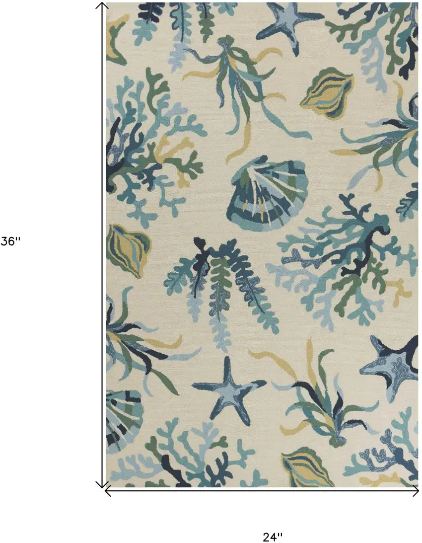 Ivory and Blue Seashell and Coral Hand Tufted Area Rug Photo 3