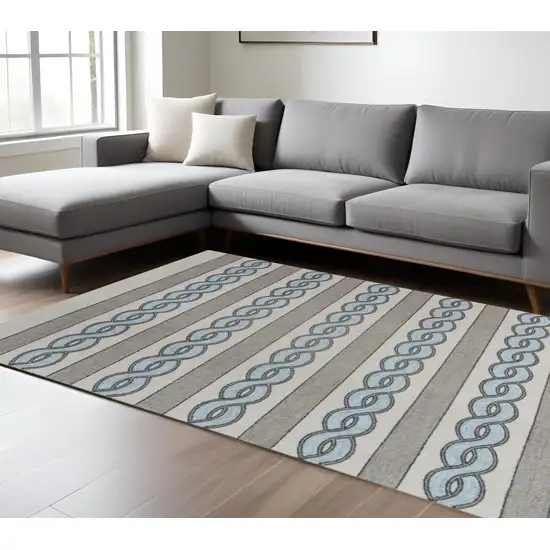 Ivory Light Blue And Gray Geometric Hand Hooked Area Rug Photo 1