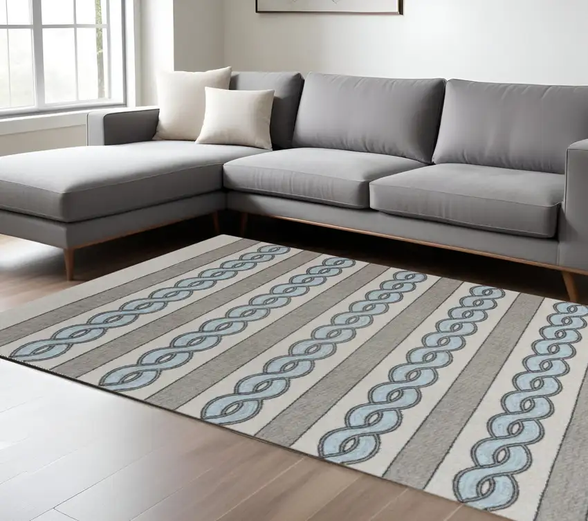 Ivory Light Blue And Gray Geometric Hand Hooked Area Rug Photo 1