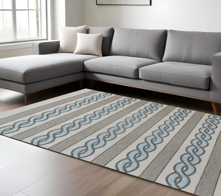 Ivory Light Blue And Gray Geometric Hand Hooked Area Rug Photo 1
