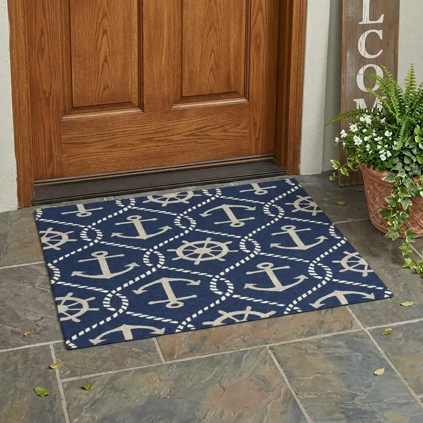 Navy Blue Gold And White Nautical Handmade Indoor Outdoor Area Rug Photo 1