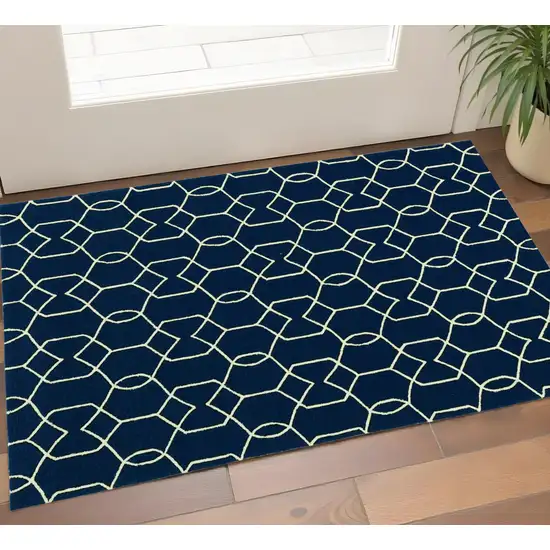 Navy Blue And Ivory Geometric Hand Hooked Area Rug Photo 1