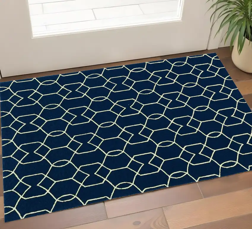 Navy Blue And Ivory Geometric Hand Hooked Area Rug Photo 1