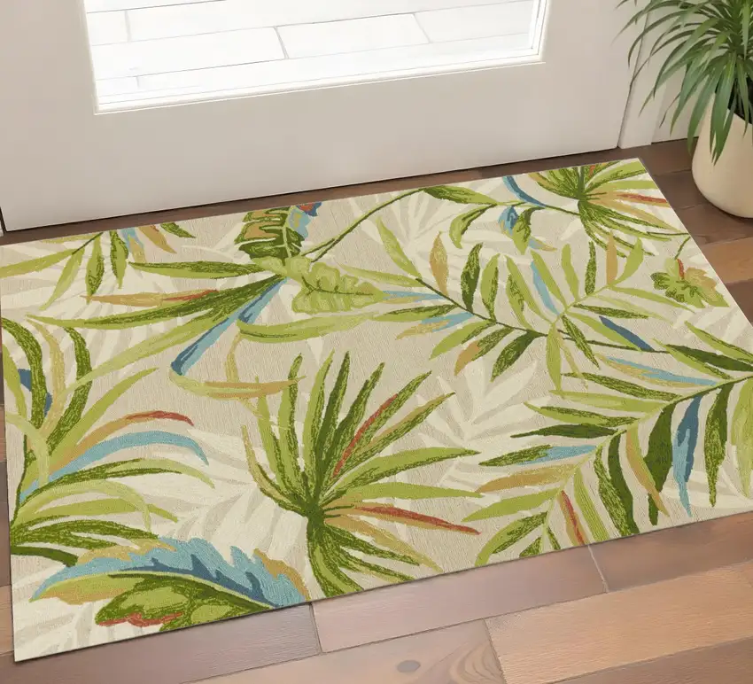 Sand Green And Blue Botanical Leaves Hand Tufted Area Rug Photo 1