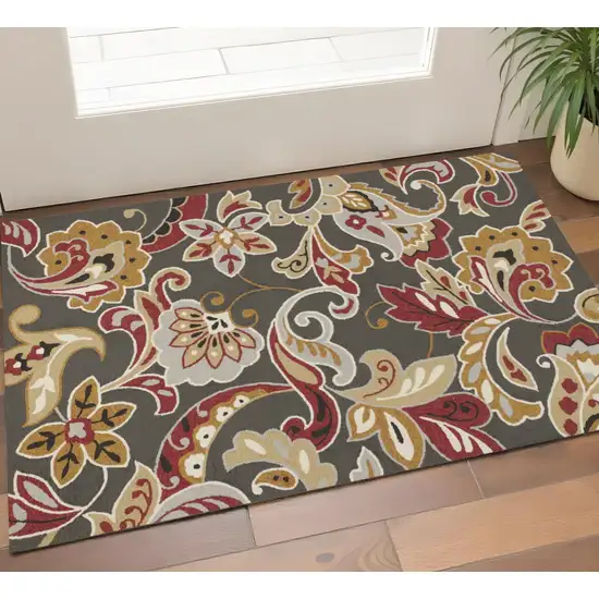 Taupe Red And Gray Floral Hand Tufted Area Rug Photo 1