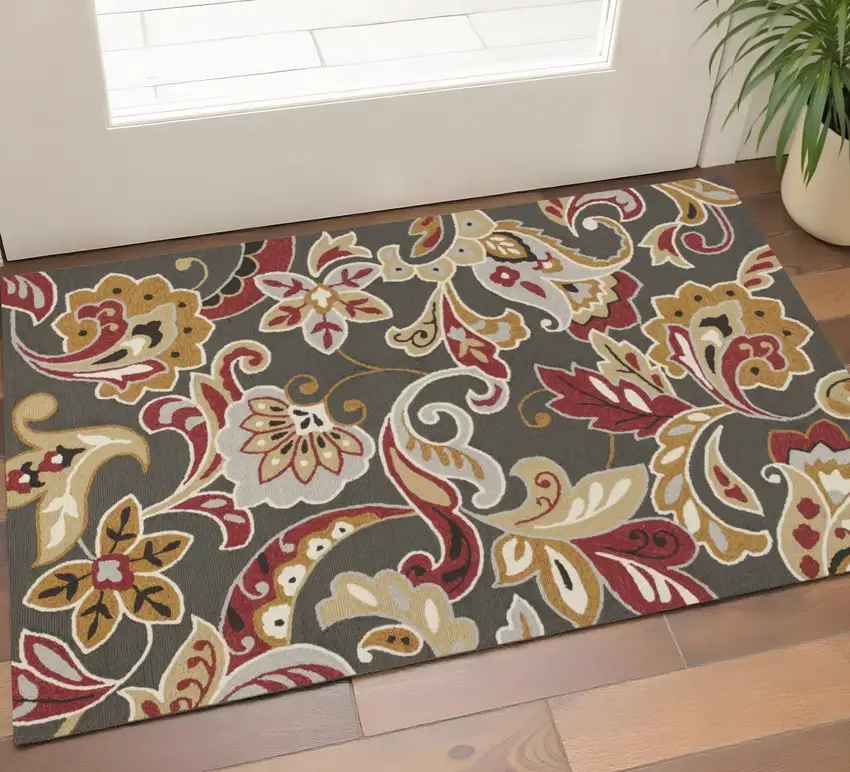 Taupe Red And Gray Floral Hand Tufted Area Rug Photo 1