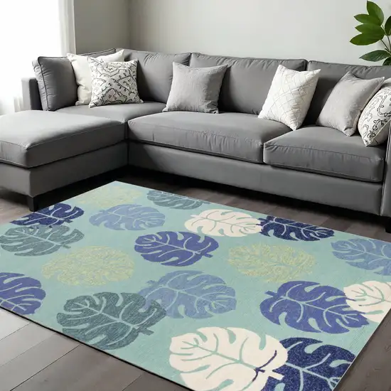 Turquoise And Ivory Botanical Leaves Hand Tufted Area Rug Photo 1