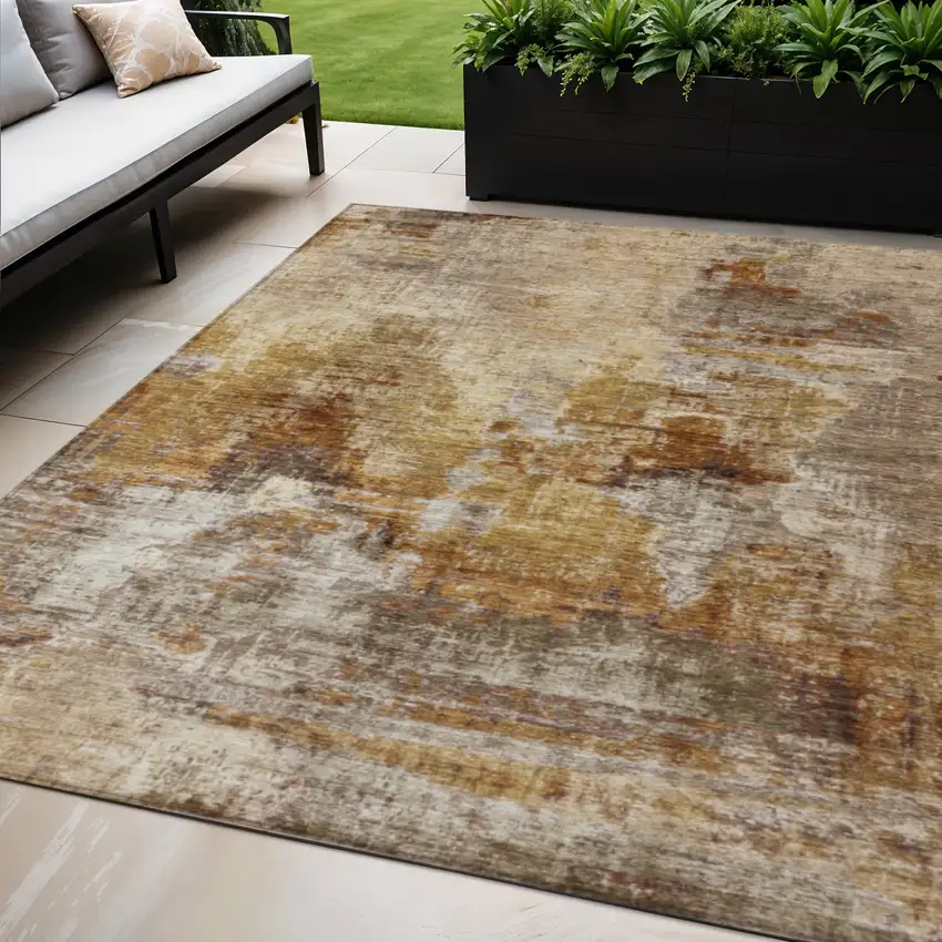 Walnut And Beige Abstract Washable Indoor Outdoor Area Rug Photo 1